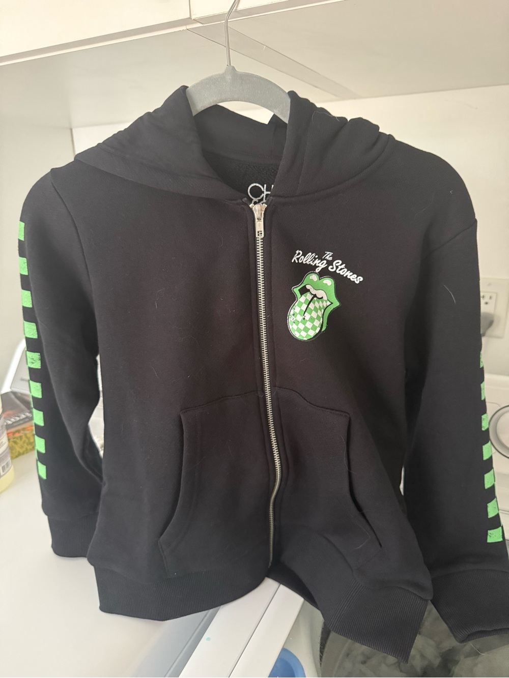 NWT CHASER The Rolling Stones Black & Neon Green Checker Tongue Zip Hoodie